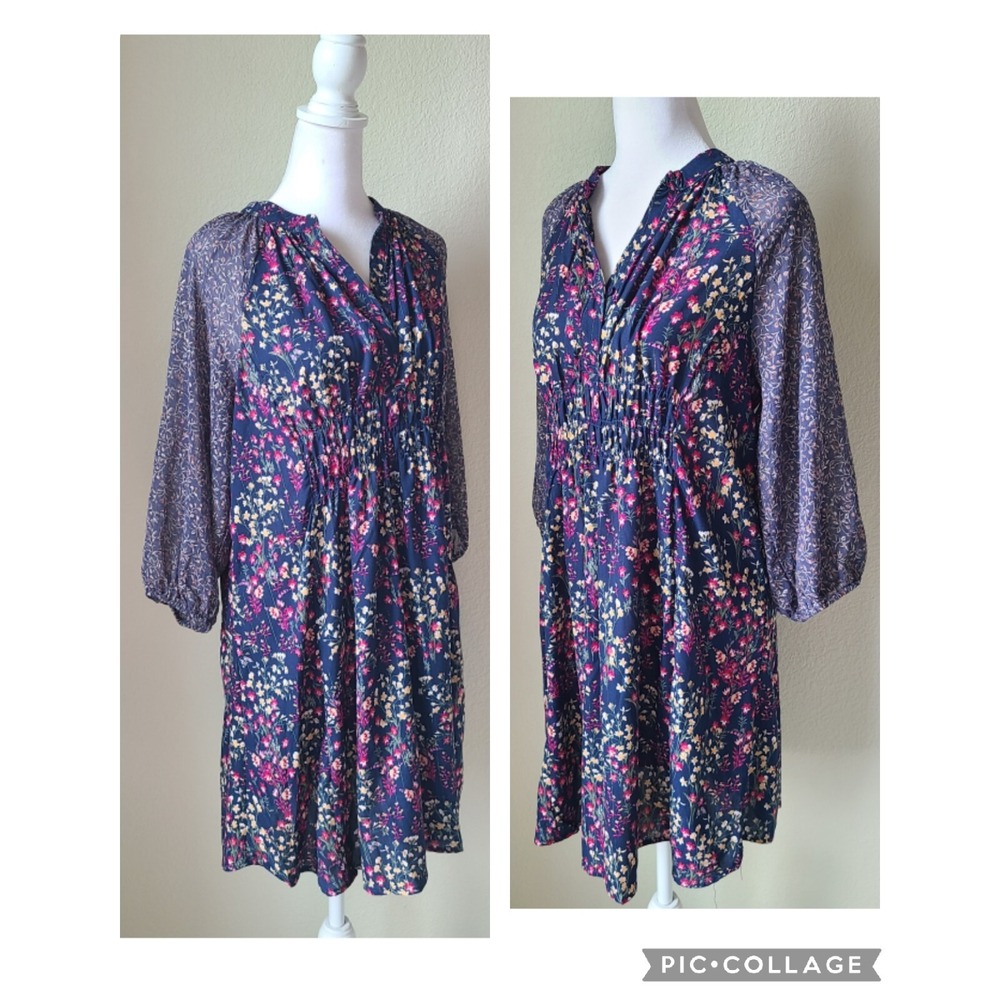 Umgee Floral Boho Dress Small Tall Metallic‎ Sheer Balloon Sleeves Pleats